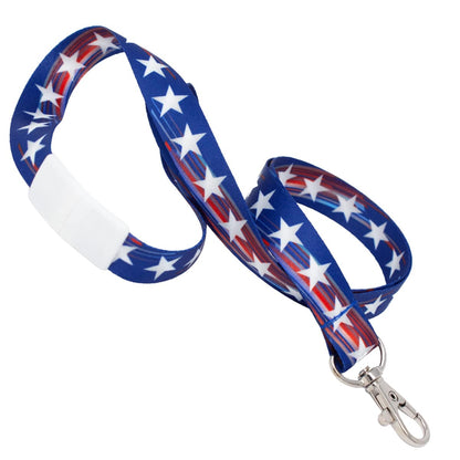 A 4th of July Patriotic USA Lanyard with Breakaway - Red White & Blue with Stars (2138-5305) adorned with white stars and red stripes, reminiscent of the USA flag, features a blue breakaway neck strap and a metal swivel hook clip.