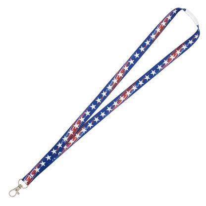 A 4th of July Patriotic USA Lanyard with Breakaway - Red White & Blue with Stars (2138-5305) with a blue background and white stars pattern, featuring red stripes adorned with more white stars. This eye-catching accessory also has a metal clip at the end for added convenience.