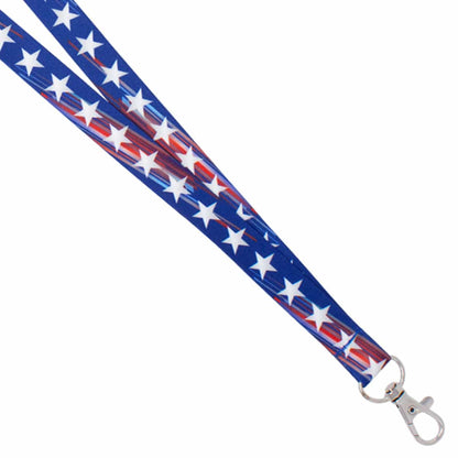 A 4th of July Patriotic USA Lanyard with Breakaway - Red White & Blue with Stars (2138-5305) featuring a blue background and white stars in a pattern resembling the American flag, a silver swivel hook clasp, and an added breakaway neck strap for safety.