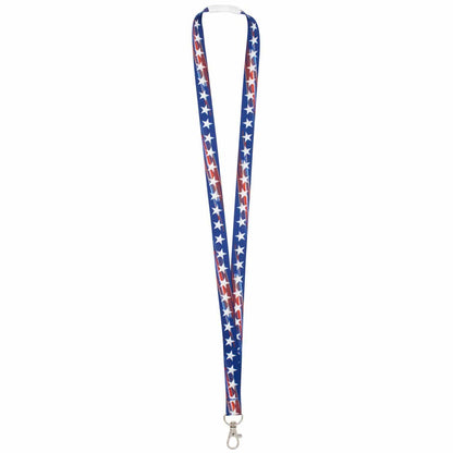 A 4th of July Patriotic USA Lanyard with Breakaway - Red White & Blue with Stars (2138-5305), featuring a breakaway neck strap and a metal clasp at the end.