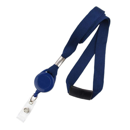 A blue Breakaway Lanyard ID Holder Badge Reel Combo (2138-700X) with a retractable reel and a clear plastic clip attachment, perfect for holding your ID holder badge reel with ease.