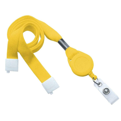 A yellow Breakaway Lanyard ID Holder Badge Reel Combo (2138-700X) with white tabs and a metal clasp on one end, featuring a retractable reach mechanism for added convenience.