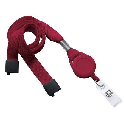 A maroon Breakaway Lanyard ID Holder Badge Reel Combo (2138-700X) featuring a retractable badge reel and a transparent plastic clip for securely holding an ID card.