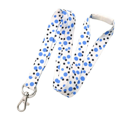 A Cute Polka Dot Pattern Fashion Lanyard With Lobster Hook And Key Ring(P/N 2138-728X) with a metal clip at one end and a safety breakaway feature. Sold by Specialist ID.