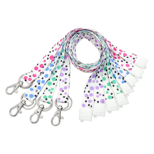 Cute Polka Dot Pattern Fashion Lanyard With Lobster Hook And Key Ring (P/N 2138-728X) in various colors, each featuring a metal clasp, plastic badge holder, and a safety breakaway feature for added convenience.