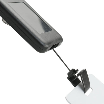 A SlimReel Breakaway Lanyard ID Holder Badge Reel Combo (2138-800X) with a black handle and a cord attached to a white plastic tag displaying a flat hook, resembling an ID holder badge reel for convenient access.