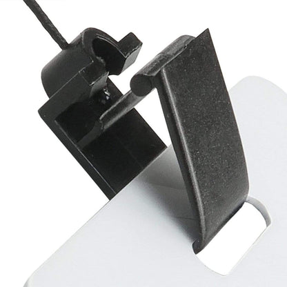 Close-up of a black plastic clip attached to a white square object, with a thin black wire extending from the SlimReel Breakaway Lanyard ID Holder Badge Reel Combo (2138-800X). Sold by Specialist ID.