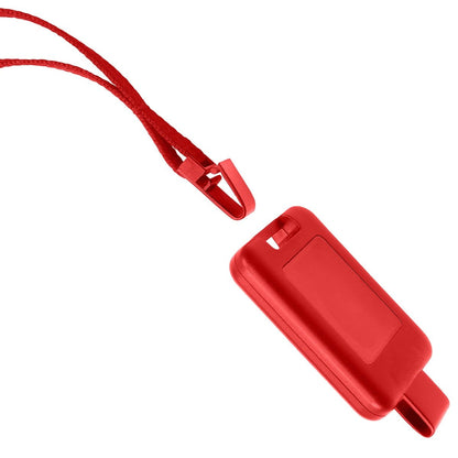 A red plastic whistle attached to a SlimReel Breakaway Lanyard ID Holder Badge Reel Combo (2138-800X), shown separated where the whistle is detached from the lanyard clip. Sold by Specialist ID.