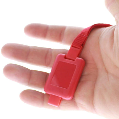 A hand holding a SlimReel Breakaway Lanyard ID Holder Badge Reel Combo (2138-800X) with a retractable badge reel attached and a wrist strap. Sold by Specialist ID.