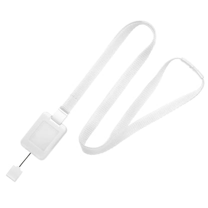 A white SlimReel Breakaway Lanyard ID Holder Badge Reel Combo (2138-800X) with a retractable badge holder, featuring a white square card slot and a clip attachment. Sold by Specialist ID.