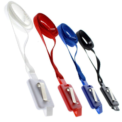 SlimReel Breakaway Lanyard ID Holder Badge Reel Combo (2138-800X) with vertical plastic clips are neatly arranged in white, red, blue, and black. Sold by Specialist ID.