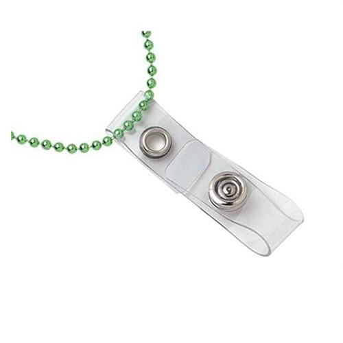 A Clear Vinyl Neck Chain Strap Adapter - 3-3/8" Length (Part Number 2140-1000) with metal snaps, attached to a green beaded neck chain for added flair.