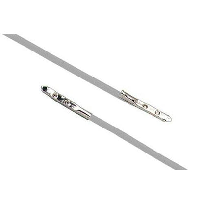 Two thin, grey draw tapes with metal tips are shown. Resembling an Elastic Neck Cord - Double Ended Economy No Twist Lanyard for Side Holes (2140-15XX), these tapes are ideal for threading and pulling cables through conduits.