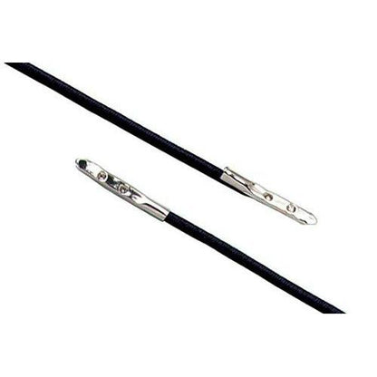 Two black, thin cables with metal ends. Each cable has one end pointed and ready to attach to a corresponding part, ideal for use as an Elastic Neck Cord - Double Ended Economy No Twist Lanyard for Side Holes (2140-15XX) or an elastic neck cord for securing your badge holder.