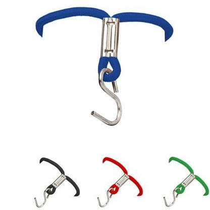 A set of four Elastic Wrist Bands With Brass "S" Hook 2140-220X in blue, red, green, and black, each with a metal "S" hook base and rubber-coated prongs. Sold by Specialist ID.