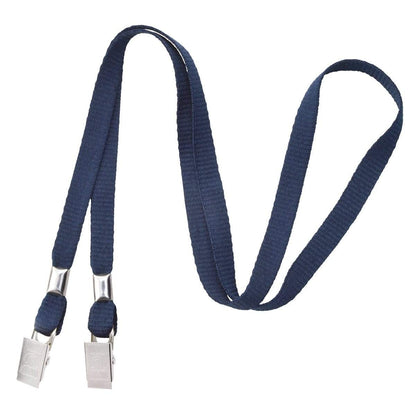 Double Clip Lanyard with 2 Bulldog Clips - Flat, Soft Material Neck Straps for Large Badge Holder Credentials (2140-530X) in blue, commonly used for securing items. Sold by Specialist ID.