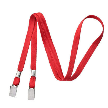 A Double Clip Lanyard with 2 Bulldog Clips - Flat, Soft Material Neck Straps for Large Badge Holder Credentials (2140-530X) with metal clips on both ends, often used as an exhibition lanyard to secure or fasten items.