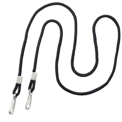 Black eyeglass neck strap with silver metal loops on both ends, shown in a serpentine shape, reminiscent of a Round Special Event Lanyard with Two Clips 2140-580X. Sold by Specialist ID.