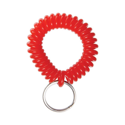 A red Wrist Coil With 7/8" Nickel-Plated Split Ring 2140-630X with a practical nickel-plated split ring attached. Sold by Specialist ID.