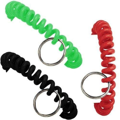 Three Wrist Coils With 7/8" Nickel-Plated Split Ring 2140-630X in green, red, and black colors with practical nickel-plated split rings attached to each coil. Sold by Specialist ID.