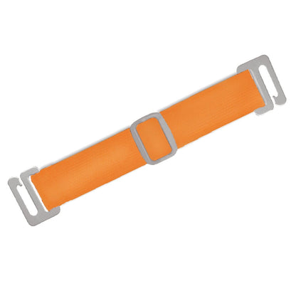 A Reflective Bright Orange Arm Badge Holder with Glow-in-the-Dark Tabs and Included Armband, laid flat on a white background.
