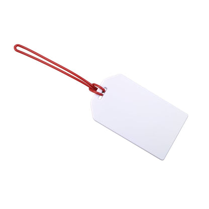 A 6" Plastic Luggage Tag Loop Straps in Solid Colors - Red, Green, Black, Blue & White (2410-200X) attached to a flexible rugged loop, featuring a 6" length red plastic worm loop. Sold by Specialist ID.