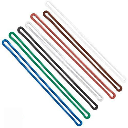 Eight 6" Plastic Luggage Tag Loop Straps in Solid Colors - Red, Green, Black, Blue & White (2410-200X), each in different colors (blue, green, black, red, white), are arranged parallel to each other on a white background.