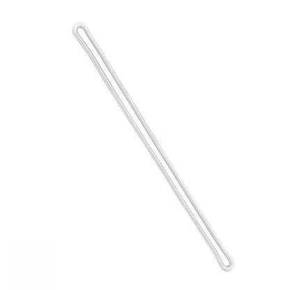 A white, elongated, and narrow Extra Long 9" Luggage Tag Loops - Clear Worm Loops for Luggage Tags (2410-2100) resembling a durable flexible strap lays on a plain background.