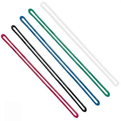 Five large, colored 9" Plastic Colored Worm Loop Straps (P/N 2410-210X) arranged diagonally, each a different color: red, black, blue, green, and white. They resemble flexible loop attachments you might use for various crafting projects.