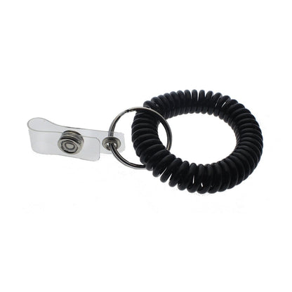A Wrist Coil Key Chain with ID Strap Clip (2140-620X) features a metal key ring and a transparent plastic ID strap clip attachment.