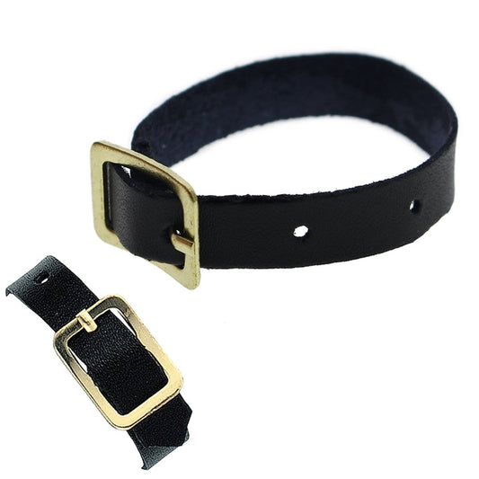 Black Genuine Leather Luggage Strap W/ Brass-Plated Buckle, 3 Holes 2420-1041, shown in two views: one taken from the side and one from above. The design includes adjustable holes for a perfect fit.