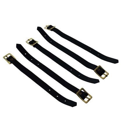 Four Black Genuine Leather Luggage Straps W/ Brass-Plated Buckles, 3 Holes 2420-1041, arranged diagonally on a white background.