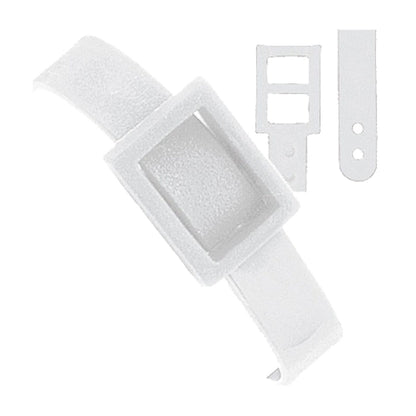 White plastic buckle with a rectangular frame and a white strap. Two additional strap parts with holes, designed as part of a Plastic Dual Post Textured Luggage Strap 2430-200X, are shown to the right.