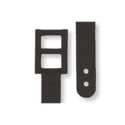 Two black metal strap buckles with rectangular frames and holes for fastening. The buckle on the left has a double frame, while the one on the right has two round holes. Perfect for pairing with a Plastic Dual Post Textured Luggage Strap 2430-200X...