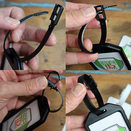 A collage of four images shows hands assembling a durable travel strap on a luggage tag with a white and green label. The steps indicate threading the Plastic Luggage Strap with Post and Notch -Textured (2430-201X) through holes and securing it with a lock mechanism.