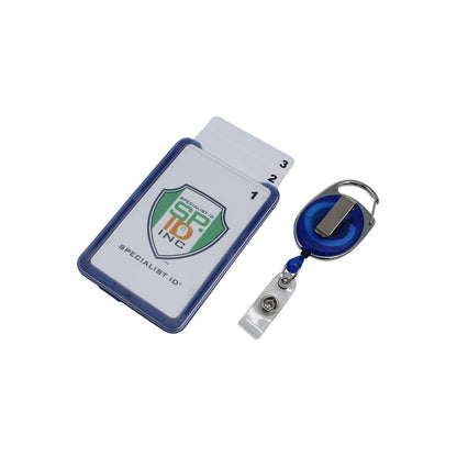 Here's the sentence with the product name replaced:

A Hard Plastic 3 Card Badge Holder with Badge Reel - Retractable ID Lanyard Features Belt Clip & Carabiner - Rigid Vertical CAC Holder - Top Load Holds Three Cards by SpecialistID, featuring a retractable badge reel with a belt clip.