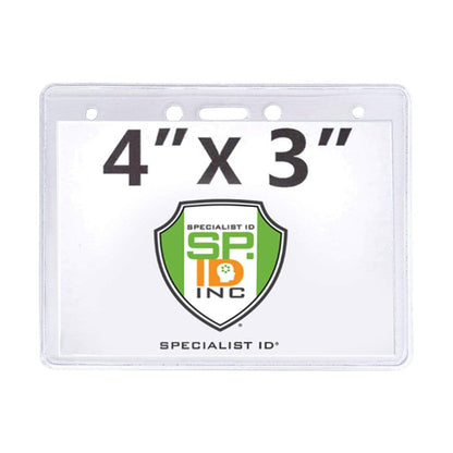Economical 4 x 3 Horizontal Badge Holder - Clear Vinyl 4x3 Card Holder with Lanyard Slot & Chain Holes displayed on a white background. The ID name tag features a green shield logo with "SP INC" text and "Specialist ID" written at the bottom. Ideal for conference badge holders.