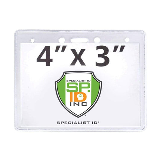 Economical 4 x 3 Horizontal Badge Holder - Clear Vinyl 4x3 Card Holder with Lanyard Slot & Chain Holes displayed on a white background. The ID name tag features a green shield logo with "SP INC" text and "Specialist ID" written at the bottom. Ideal for conference badge holders.