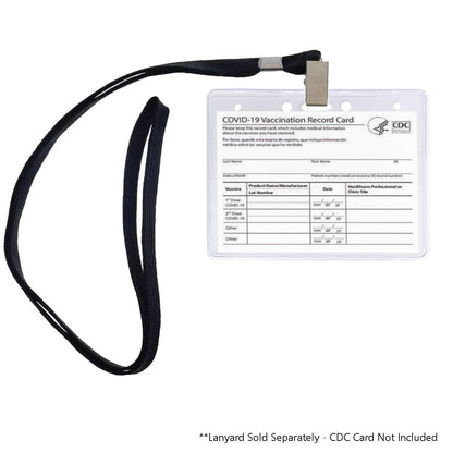 Economical 4 x 3 Horizontal Badge Holder - Clear Vinyl 4x3 Card Holder with Lanyard Slot & Chain Holes, with a black lanyard designed to hold a COVID-19 Vaccination Record Card or ID name tag. The text at the bottom reads, "Lanyard Sold Separately - CDC Card Not Included".
