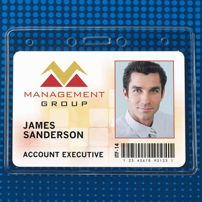 Identification badge of Management Group for James Sanderson, Account Executive, featuring his photo, a barcode, and the ID number ITF-14, conveniently stored in our Economical 4 x 3 Horizontal Badge Holder - Clear Vinyl 4x3 Card Holder with Lanyard Slot & Chain Holes.