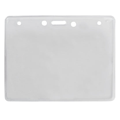 A clear plastic ID badge holder with three circular holes and one oval slot at the top for attachment, perfect for use as an Economical 4 x 3 Horizontal Badge Holder - Clear Vinyl 4x3 Card Holder with Lanyard Slot & Chain Holes.