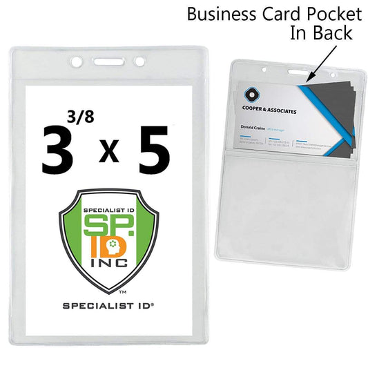 A clear plastic badge holder displaying a "3 x 5" card with a logo on the front, designed for special events. The back features a business card pocket with an arrow pointing to the pocket.

Replaced: A 3 5/8 x 5 Special Event Badge & Credential Badge Holder with Business Card Pocket on Back (P/N 306-2P46) displays a "3 x 5" card with a logo on the front, designed for special events. The back features a business card pocket with an arrow pointing to the pocket.