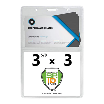 A 3 5/8 x 5 Special Event Badge & Credential Badge Holder with Business Card Pocket on Back (P/N 306-2P46) displaying a business card in the business card pocket for Cooper & Associates above a card with "3 5/8 x 3" and the Specialist ID logo.