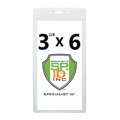 3X6 Vertical Badge Holder Clear Vinyl Credential Sleeve - Also Fits Cruise Luggage Tags (306-357) labeled "Specialist ID Inc," with dimensions "3 1/8 x 6," perfect for use as cruise luggage tags or a durable vinyl pouch.
