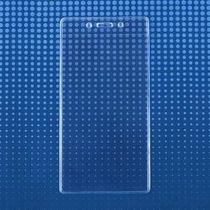 A 3X6 Vertical Badge Holder Clear Vinyl Credential Sleeve - Also Fits Cruise Luggage Tags (306-357) on a blue background with a subtle grid pattern, reminiscent of an organized vinyl pouch.