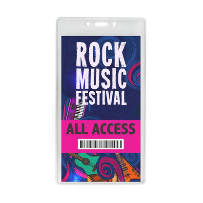 A 4 X 7 Clear Vertical Large Event Badge Holder (306-4258) for the "Rock Music Festival" with "All Access" printed in pink and a barcode. Designed to fit into a large event badge holder, it features colorful illustrations of musical instruments, ensuring your credentials are always visible and you can enjoy hands-free security.