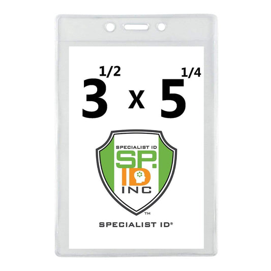 Clear 3 1/2" X 5 1/4" Vertical Large Event Badge Holder (P/N 306-46) with logo and text "Specialist ID Inc" and "SP ID." This versatile credential holder is perfect for various events.