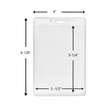 A 3 1/2" X 5 1/4" Clear Vertical Large Event Badge Holder (P/N 306-46) with precise dimensions: 6-1/8" height, 4" width, 5-1/4" interior height, and 3-1/2" interior width.