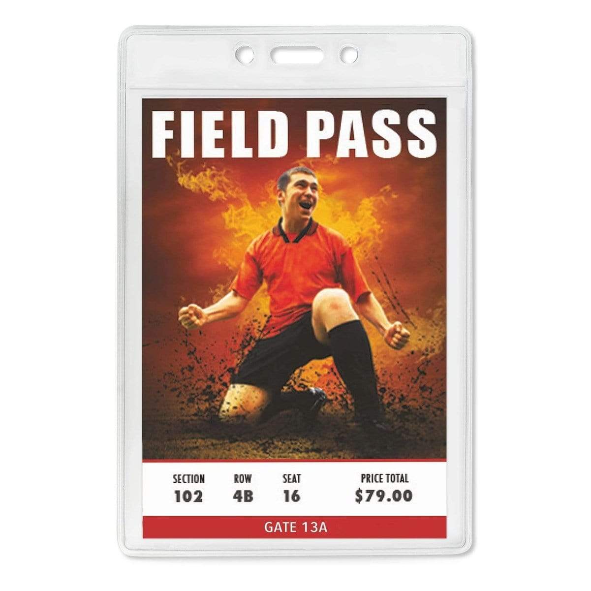 3 1/2" X 5 1/4" vertical vinyl event badge holder holding a field pass 