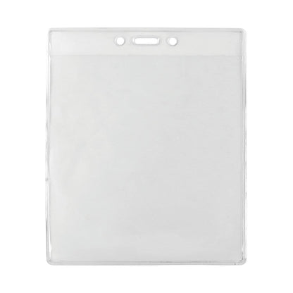 A 4 3/8 x 5" Clear Vertical Large Event Badge Holder (P/N 306-4755) with three holes at the top for attaching a lanyard or clip.